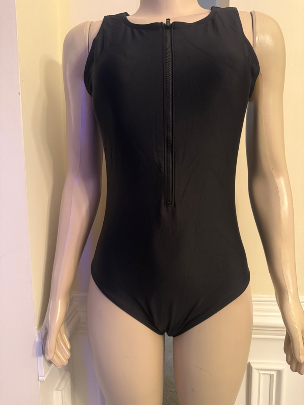 Women Black One-Piece Zip-Front Swimsuit